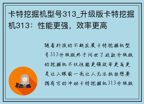 卡特挖掘机型号313_升级版卡特挖掘机313：性能更强，效率更高